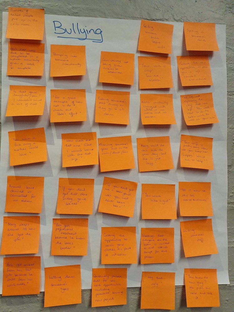 Orange post-it notes on a large white sheet of paper, with the title 'Bullying'. Each note includes an example of bullying in the workplace.