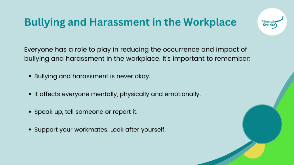 Light teal image tile with the title, Bullying and Harassment in the Workplace and the words 'Everyone has a role to play in reducing the occurrence and impact of bullying and harassment in the workplace.'